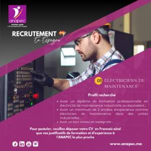 Recrutement de 05 Électriciens de maintenance en Espagne